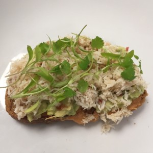 Crab on toast with guacamole & coriander Sam Collins Summer 2015
